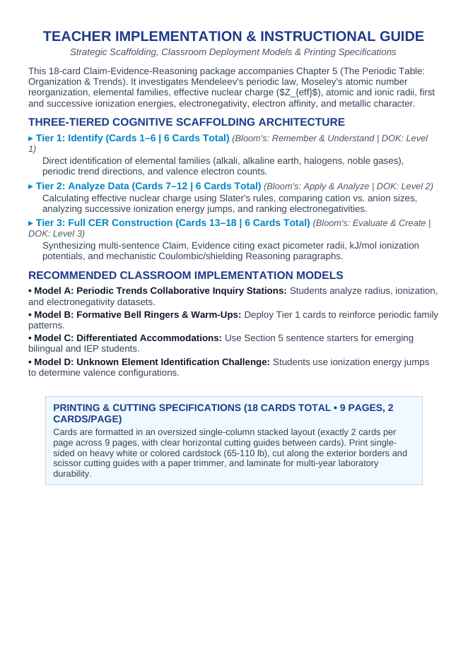 The Periodic Table: Organization & Trends CER Task Cards sample page