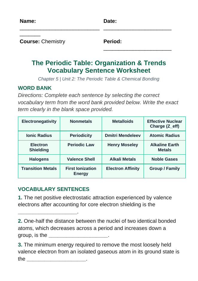 The Periodic Table: Organization & Trends Fill-in-the-Blank Vocabulary Worksheet sample page