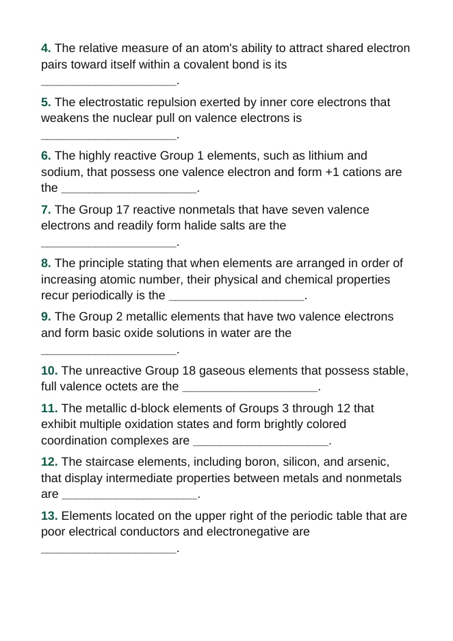 The Periodic Table: Organization & Trends Fill-in-the-Blank Vocabulary Worksheet sample page