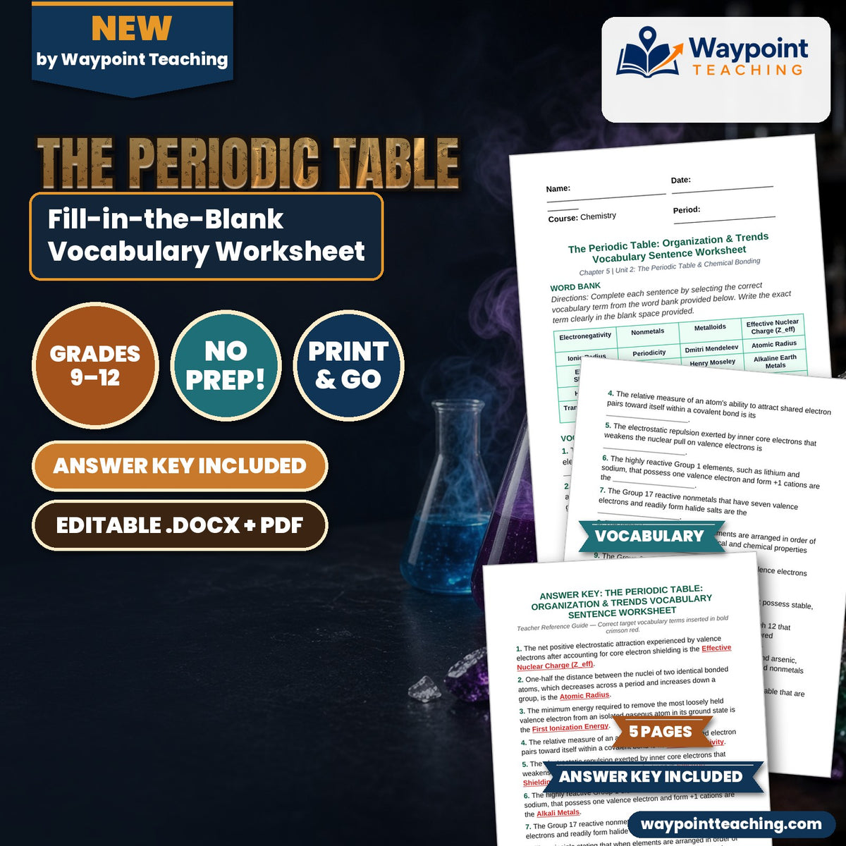The Periodic Table: Organization & Trends Fill-in-the-Blank Vocabulary Worksheet cover