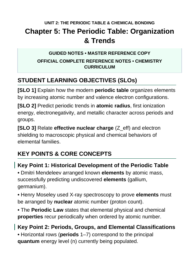 The Periodic Table: Organization & Trends Guided Notes sample page