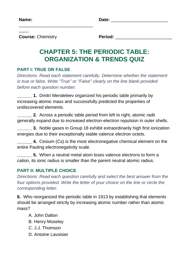 The Periodic Table: Organization & Trends Lesson Quiz sample page