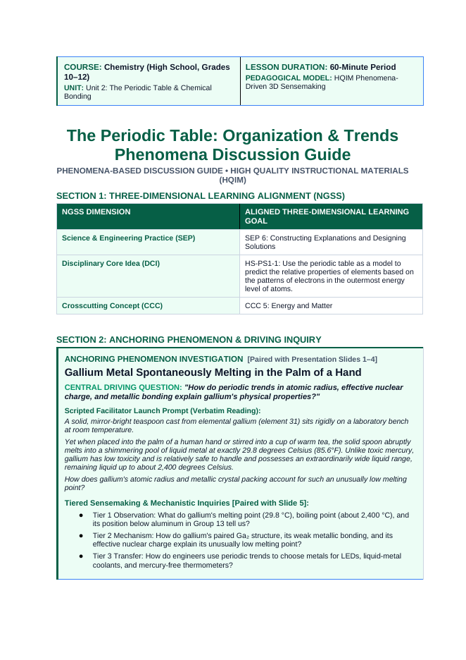 The Periodic Table: Organization & Trends Phenomena-Based Lesson: Gallium Metal Spontaneously Melting in the Palm of a Hand Teacher Discussion Guide sample page