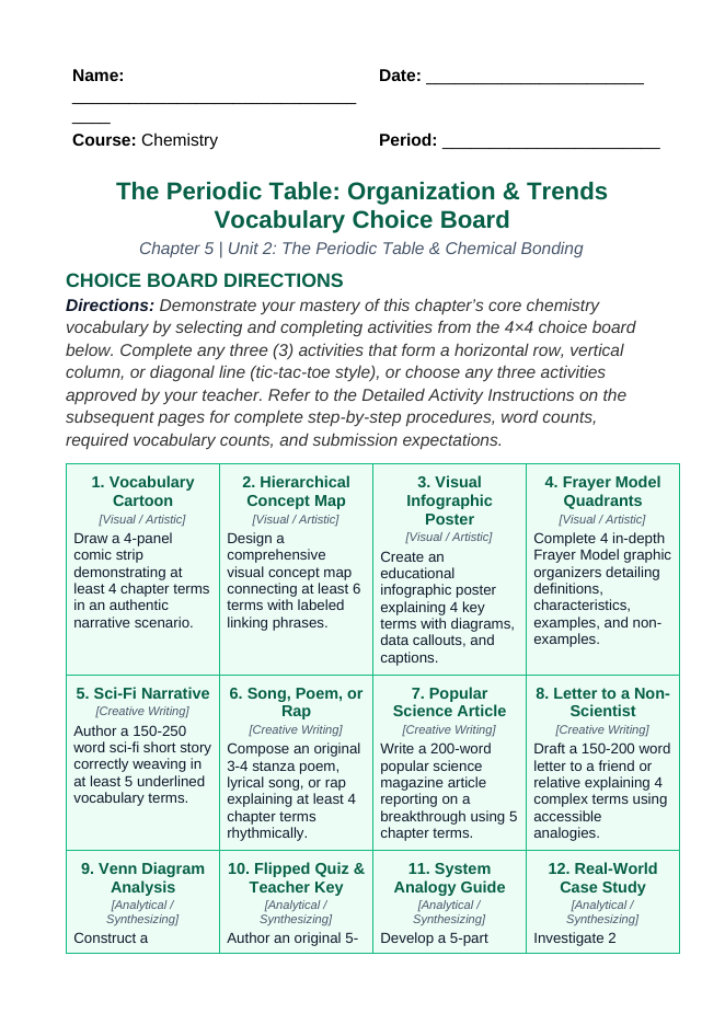 The Periodic Table: Organization & Trends Vocabulary Choice Board sample page