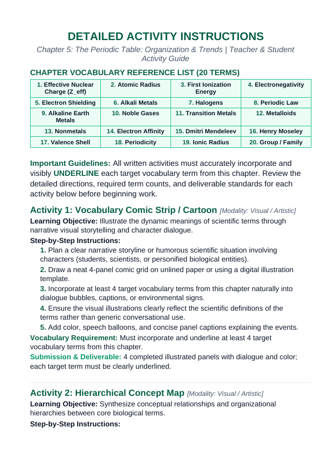 The Periodic Table: Organization & Trends Vocabulary Choice Board sample page