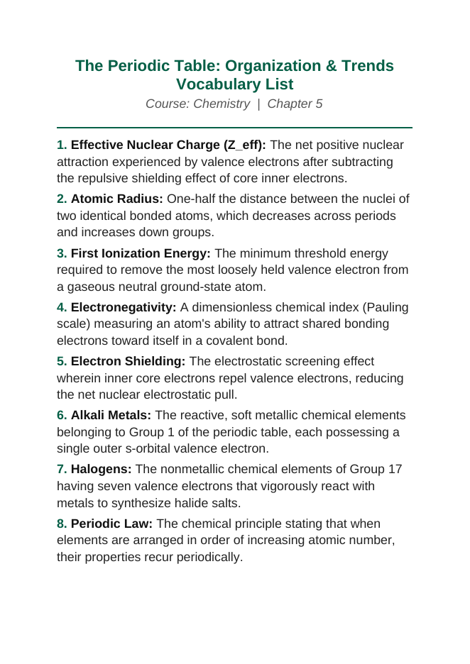 The Periodic Table: Organization & Trends Vocabulary Words & Definitions sample page
