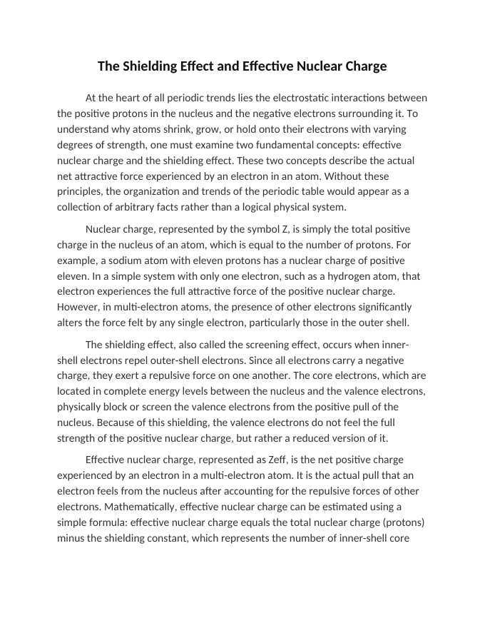 The Shielding Effect and Effective Nuclear Charge Reading Worksheet sample page