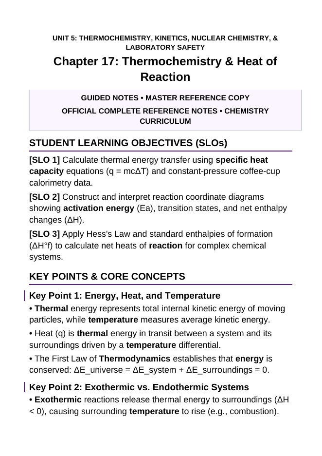 Thermochemistry & Heat of Reaction Guided Notes sample page