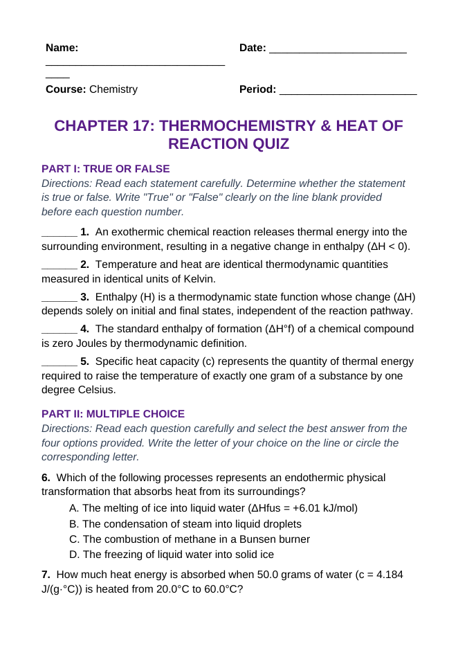 Thermochemistry & Heat of Reaction Lesson Quiz sample page