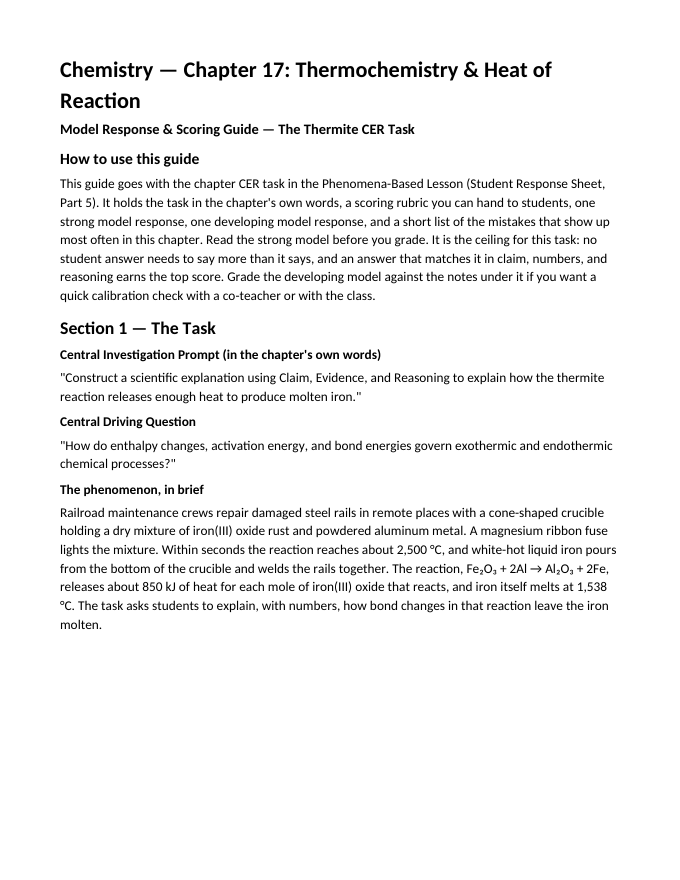 Thermochemistry & Heat of Reaction Model Response & Scoring Guide sample page