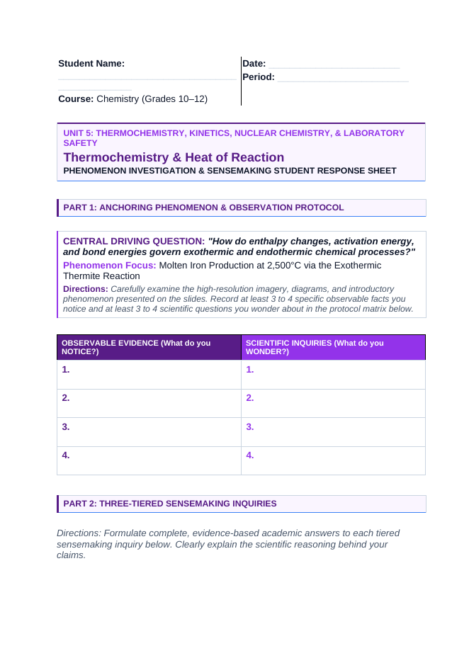 Thermochemistry & Heat of Reaction Phenomena-Based Lesson: Molten Iron Production at 2,500°C via the Exothermic Thermite Reaction Student Response Sheet sample page