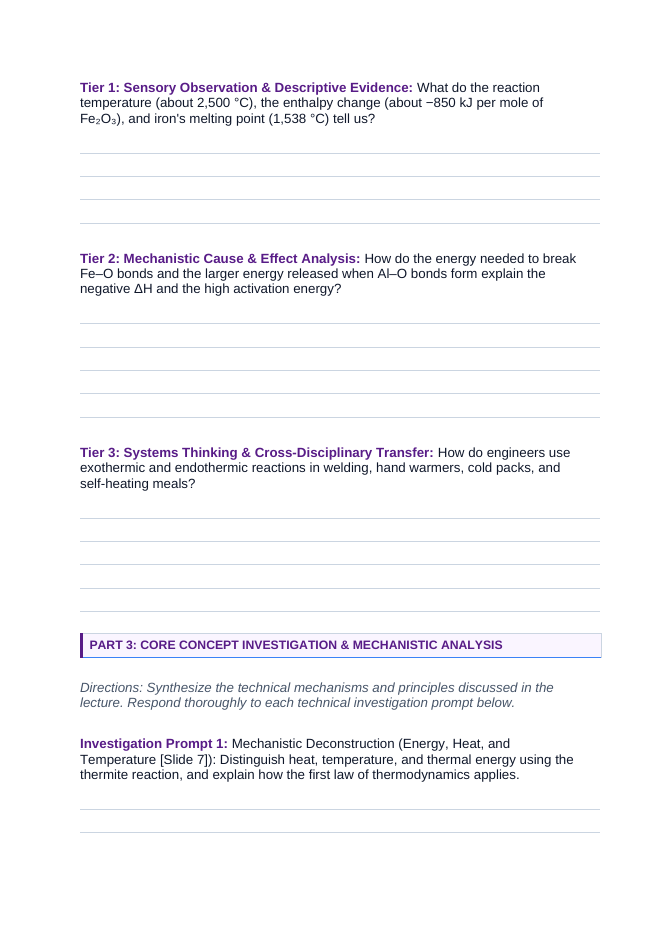 Thermochemistry & Heat of Reaction Phenomena-Based Lesson: Molten Iron Production at 2,500°C via the Exothermic Thermite Reaction Student Response Sheet sample page