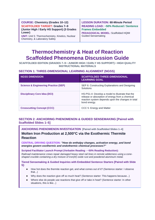 Thermochemistry & Heat of Reaction Scaffolded Phenomena-Based Lesson: Molten Iron Production at 2,500°C via the Exothermic Thermite Reaction Teacher Discussion Guide sample page