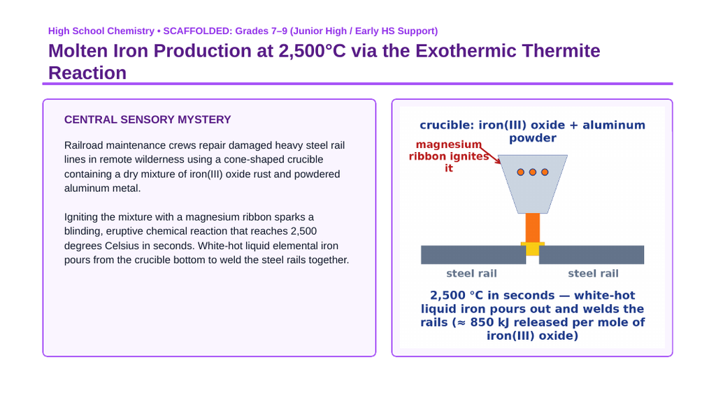 Thermochemistry & Heat of Reaction Scaffolded Phenomena-Based Lesson: Molten Iron Production at 2,500°C via the Exothermic Thermite Reaction Presentation sample page