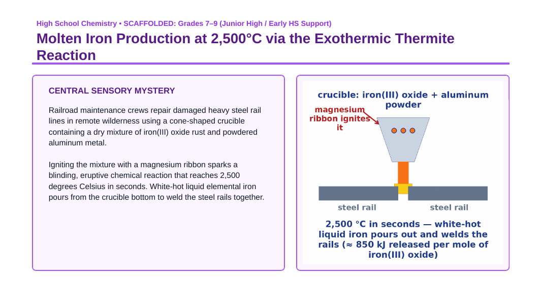 Thermochemistry & Heat of Reaction Scaffolded Phenomena-Based Lesson: Molten Iron Production at 2,500°C via the Exothermic Thermite Reaction Presentation sample page
