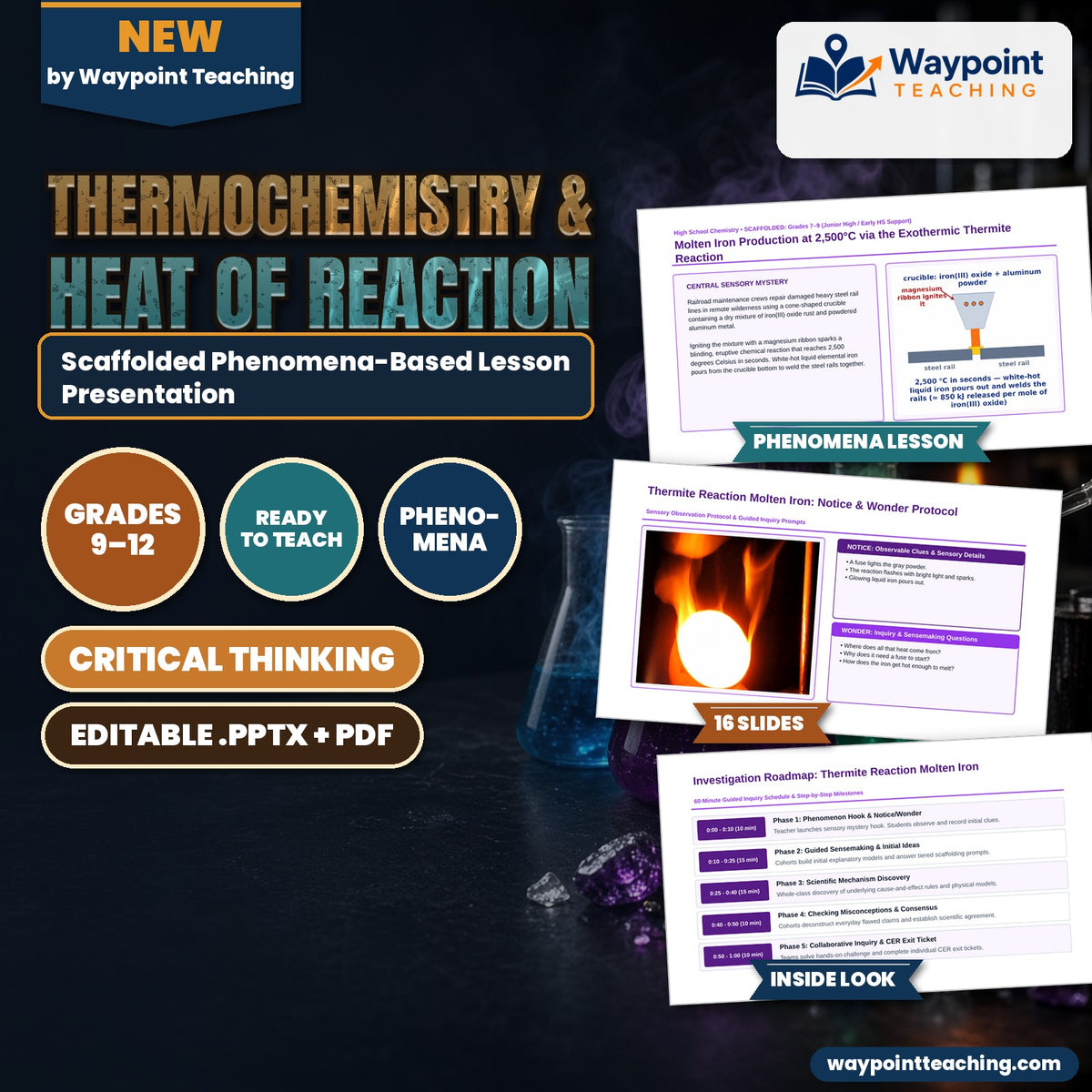 Thermochemistry & Heat of Reaction Scaffolded Phenomena-Based Lesson: Molten Iron Production at 2,500°C via the Exothermic Thermite Reaction Presentation cover