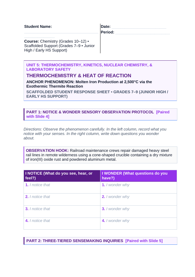 Thermochemistry & Heat of Reaction Scaffolded Phenomena-Based Lesson: Molten Iron Production at 2,500°C via the Exothermic Thermite Reaction Student Response Sheet sample page