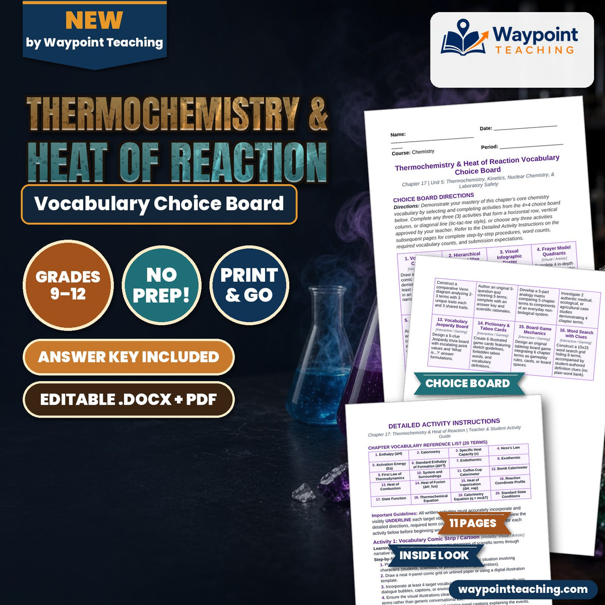 Thermochemistry & Heat of Reaction Vocabulary Choice Board cover