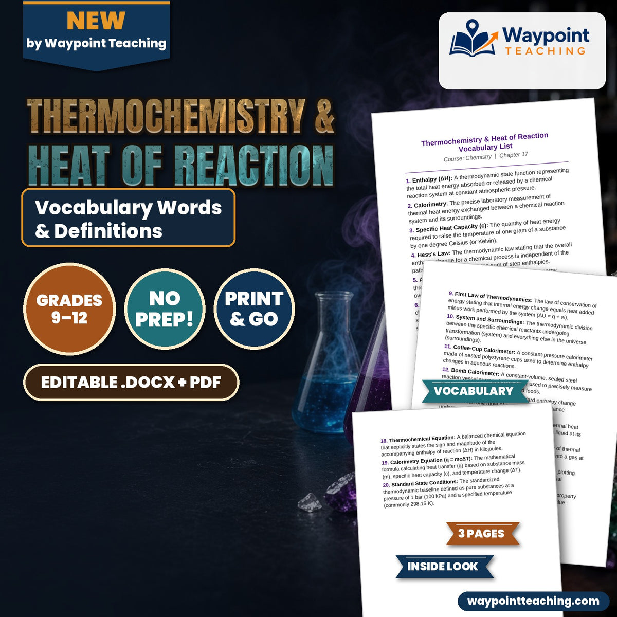 Thermochemistry & Heat of Reaction Vocabulary Words & Definitions cover