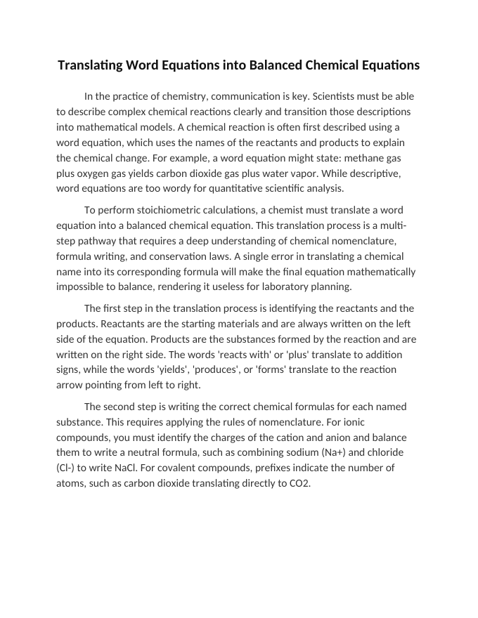 Translating Word Equations into Balanced Chemical Equations Reading Worksheet sample page