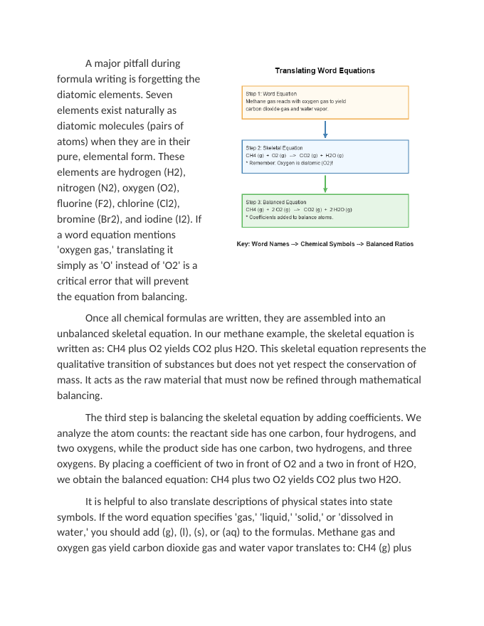 Translating Word Equations into Balanced Chemical Equations Reading Worksheet sample page