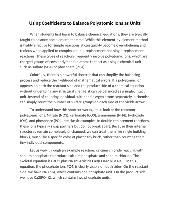 Using Coefficients to Balance Polyatomic Ions as Units Reading Worksheet sample page