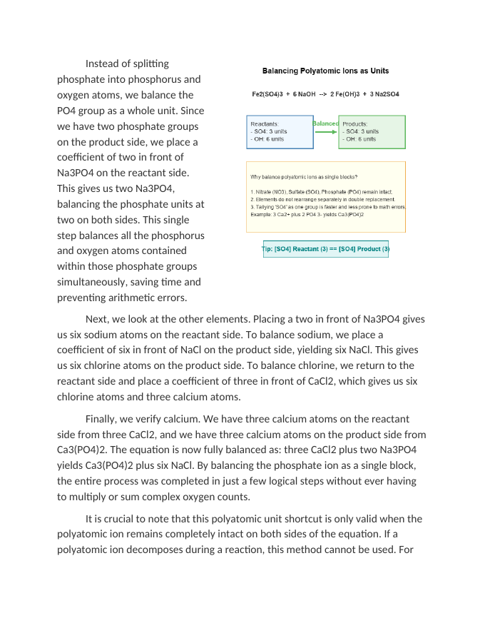 Using Coefficients to Balance Polyatomic Ions as Units Reading Worksheet sample page