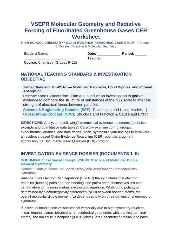 VSEPR Molecular Geometry and Radiative Forcing of Fluorinated Greenhouse Gases CER Phenomena Worksheet sample page