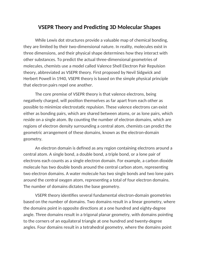 VSEPR Theory and Predicting 3D Molecular Shapes Reading Worksheet sample page