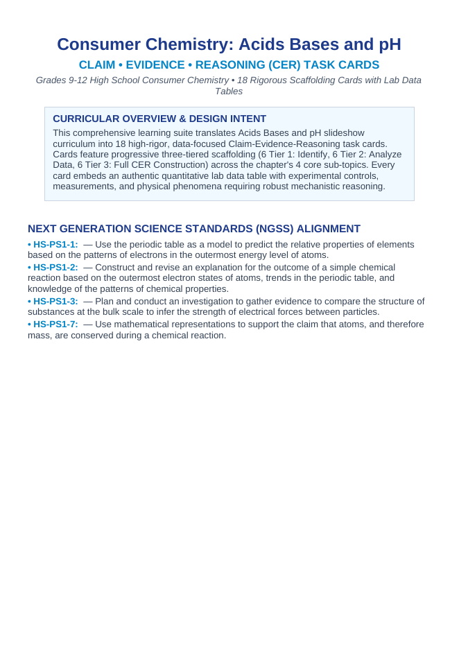 Acids, Bases, & pH CER Task Cards sample page