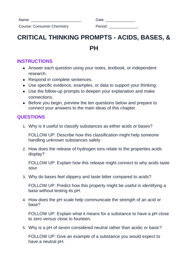 Acids, Bases, & pH Critical Thinking Prompts sample page