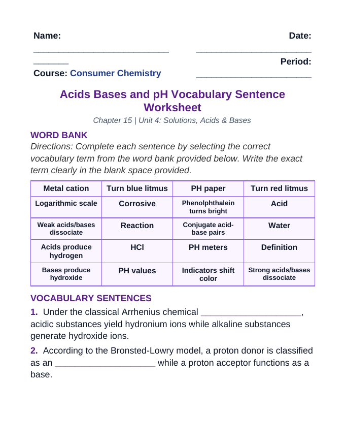 Acids, Bases, & pH Fill-in-the-Blank Vocabulary Worksheet sample page