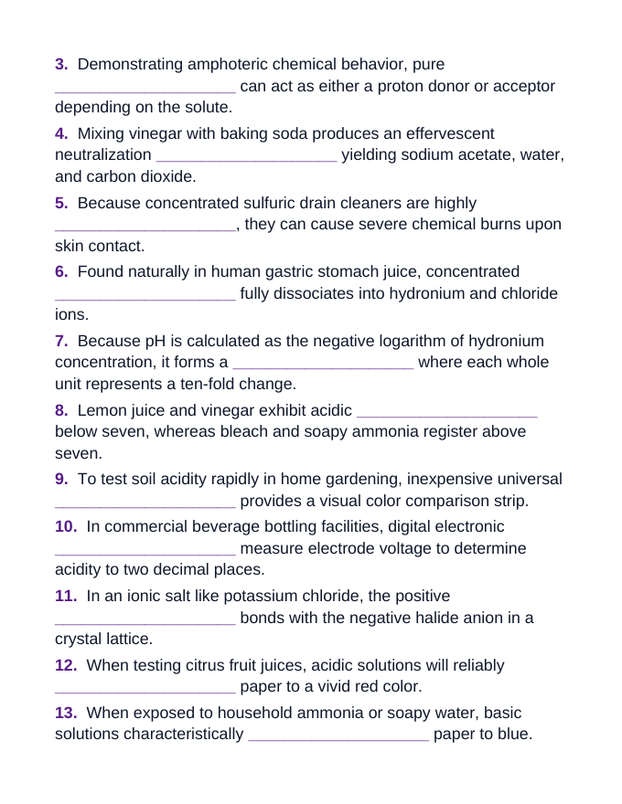 Acids, Bases, & pH Fill-in-the-Blank Vocabulary Worksheet sample page