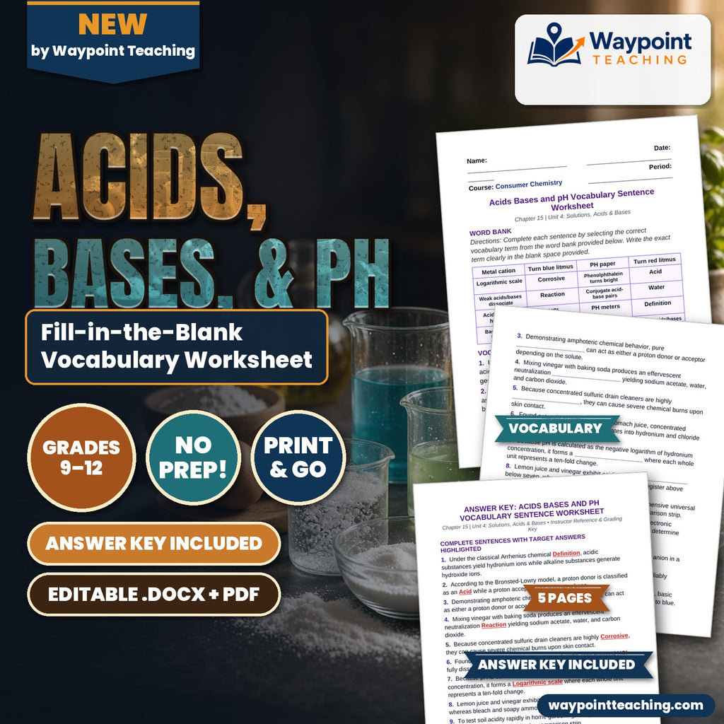 Acids, Bases, & pH Fill-in-the-Blank Vocabulary Worksheet cover