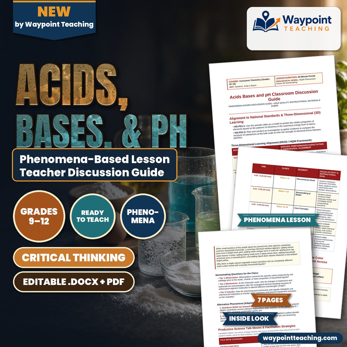 Acids, Bases, & pH Phenomena-Based Lesson: Chameleon-Like Rainbow Color Transformations of Natural Red Cabbage Pigment Across the Full pH Scale Teacher Discussion Guide cover