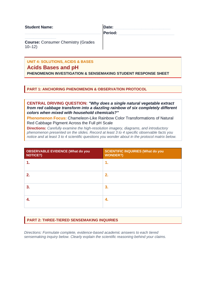 Acids, Bases, & pH Phenomena-Based Lesson: Chameleon-Like Rainbow Color Transformations of Natural Red Cabbage Pigment Across the Full pH Scale Student Response Sheet sample page