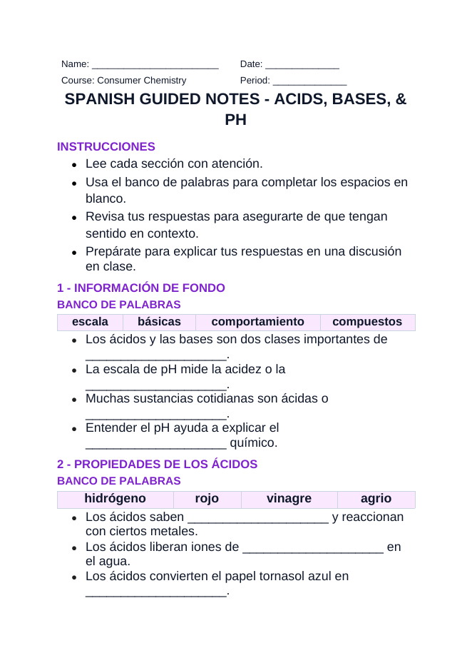 Acids, Bases, & pH Spanish Guided Notes sample page