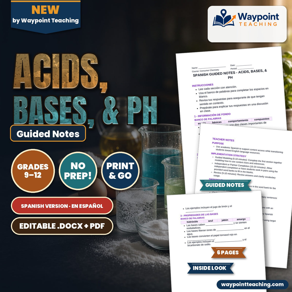 Acids, Bases, & pH Spanish Guided Notes cover