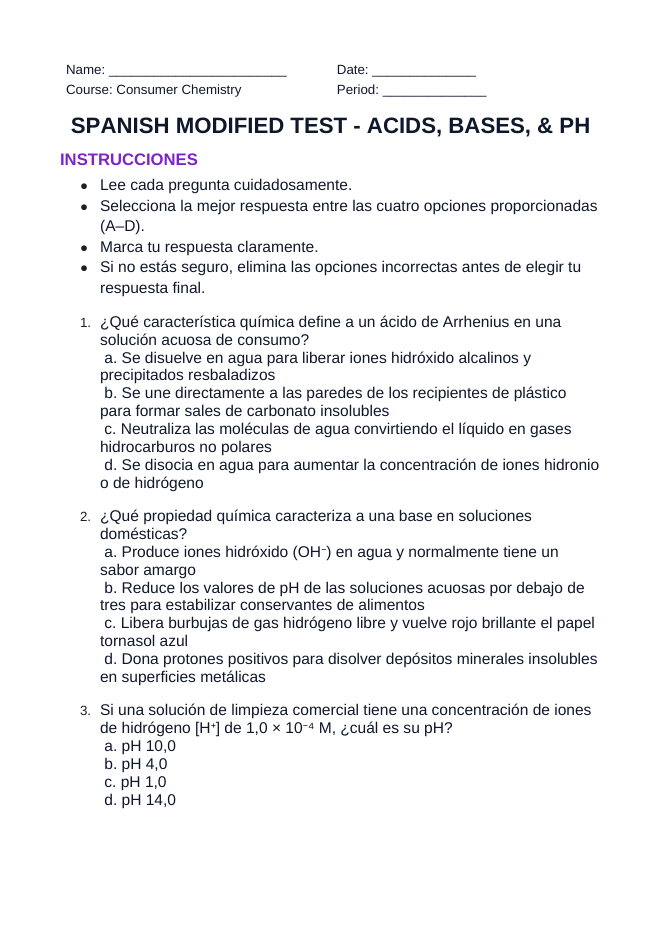 Acids, Bases, & pH Spanish Unit Test sample page