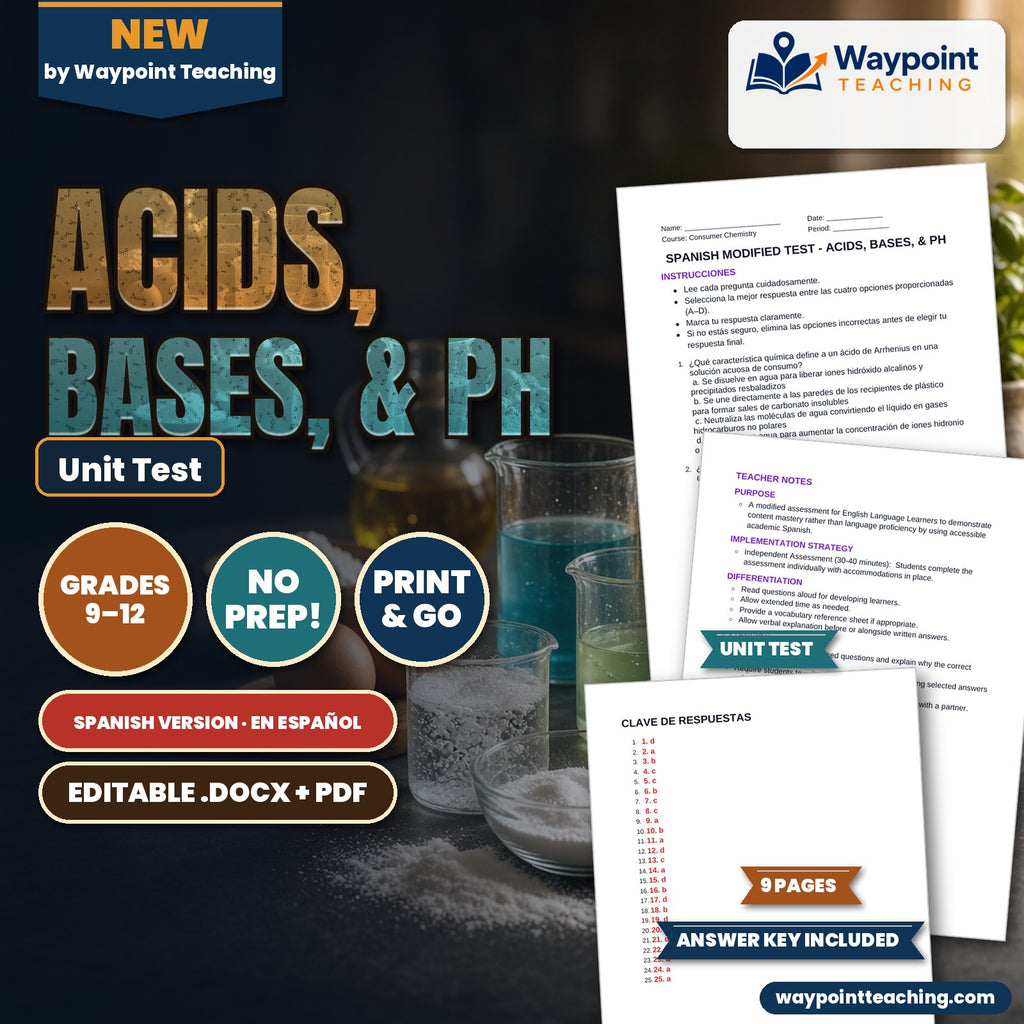 Acids, Bases, & pH Spanish Unit Test cover