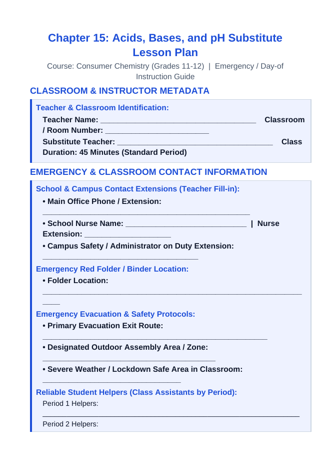 Acids, Bases, & pH Substitute Lesson Plan sample page