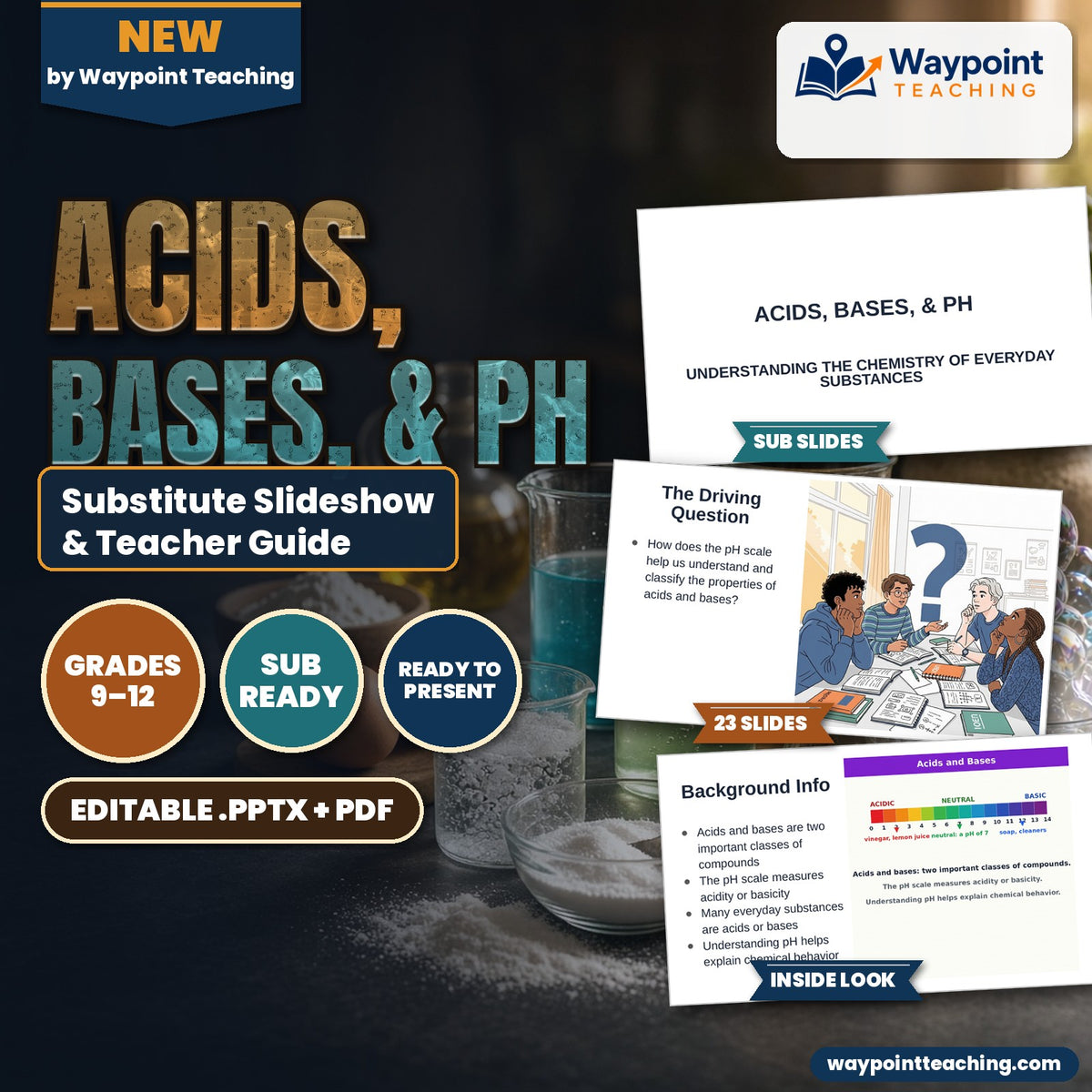 Acids, Bases, & pH Substitute Slideshow & Teacher Guide cover