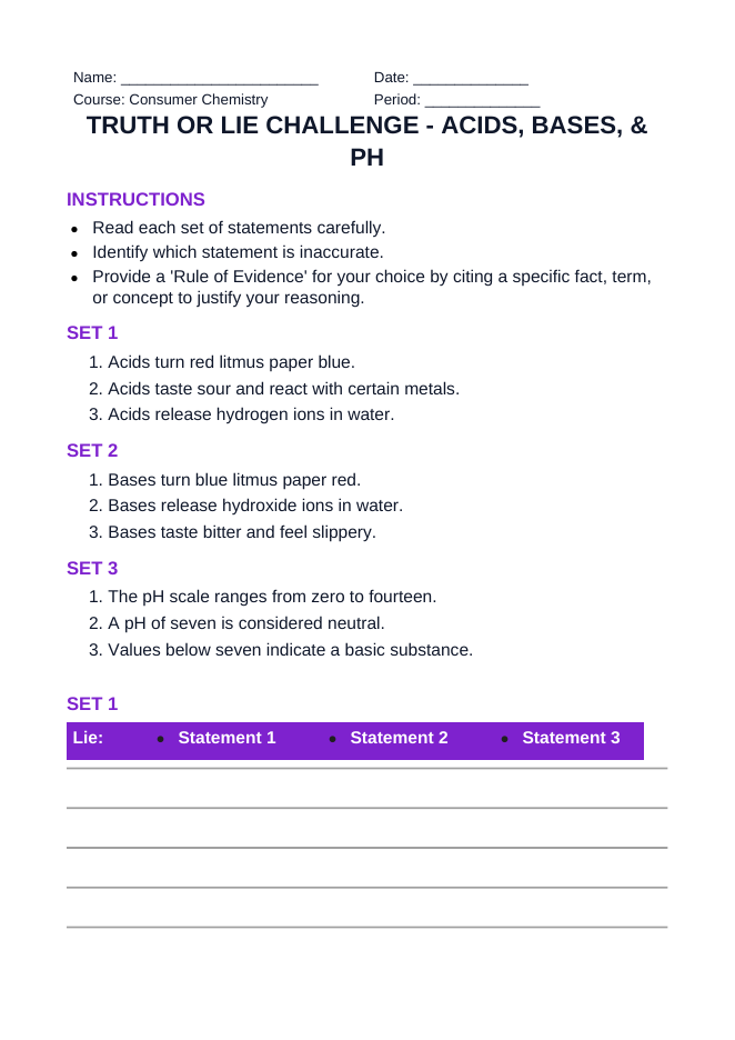 Acids, Bases, & pH Truth or Lie Challenge sample page