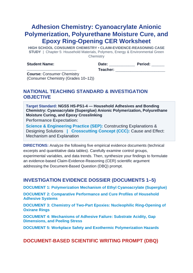 Adhesion Chemistry: Cyanoacrylate Anionic Polymerization, Polyurethane Moisture Cure, and Epoxy Ring-Opening CER Phenomena Worksheet sample page