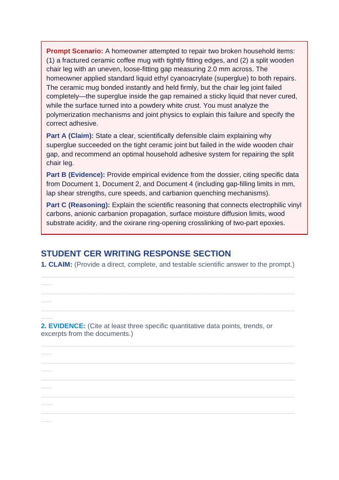 Adhesion Chemistry: Cyanoacrylate Anionic Polymerization, Polyurethane Moisture Cure, and Epoxy Ring-Opening CER Phenomena Worksheet sample page