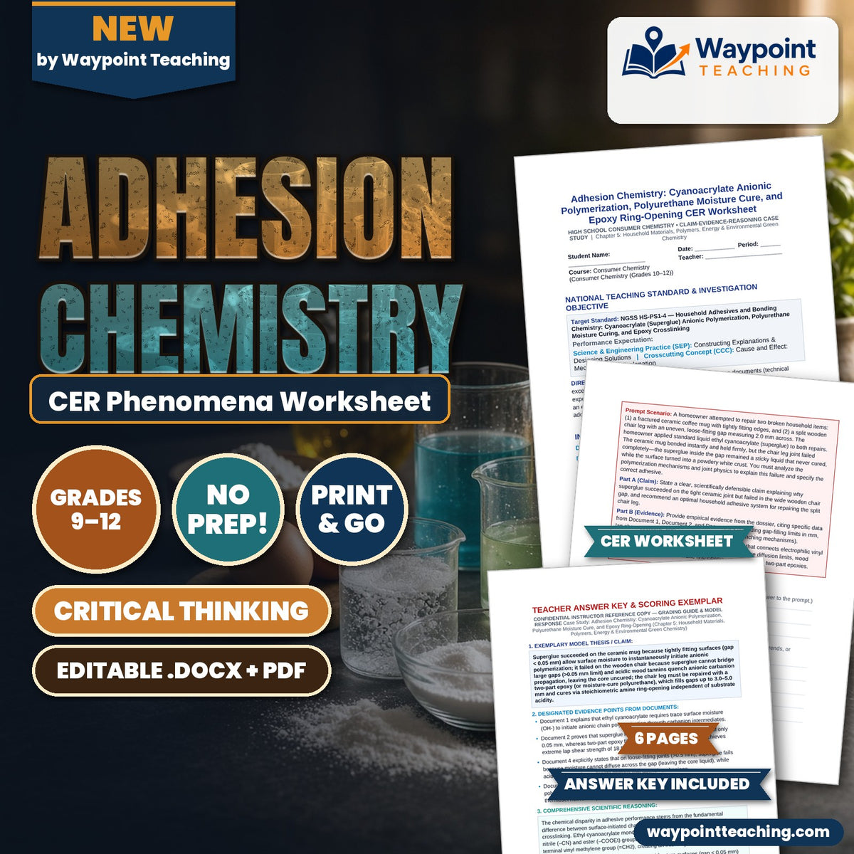 Adhesion Chemistry: Cyanoacrylate Anionic Polymerization, Polyurethane Moisture Cure, and Epoxy Ring-Opening CER Phenomena Worksheet cover