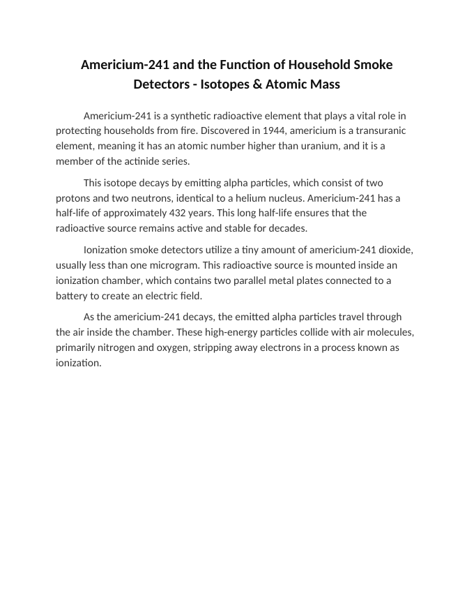 Americium-241 and the Function of Household Smoke Detectors Reading Worksheet sample page
