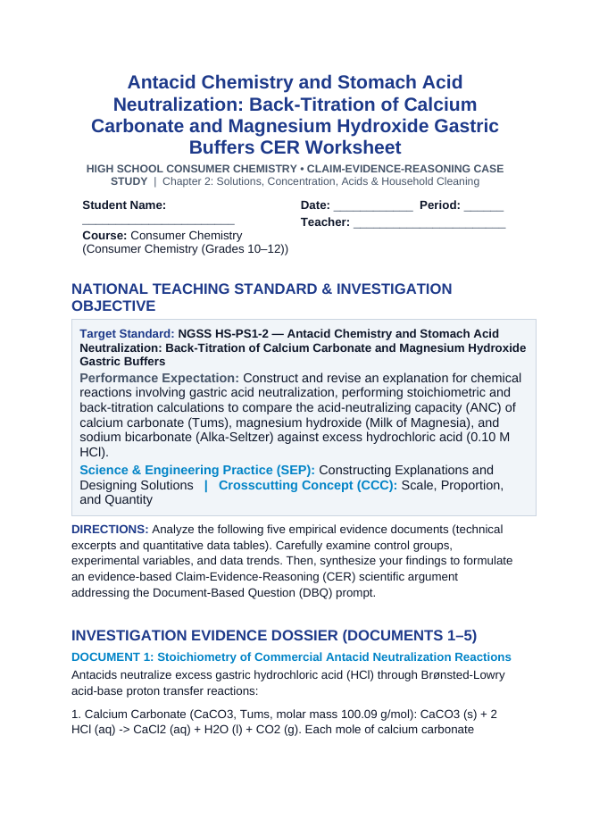 Antacid Chemistry and Stomach Acid Neutralization: Back-Titration of Calcium Carbonate and Magnesium Hydroxide Gastric Buffers CER Phenomena Worksheet sample page