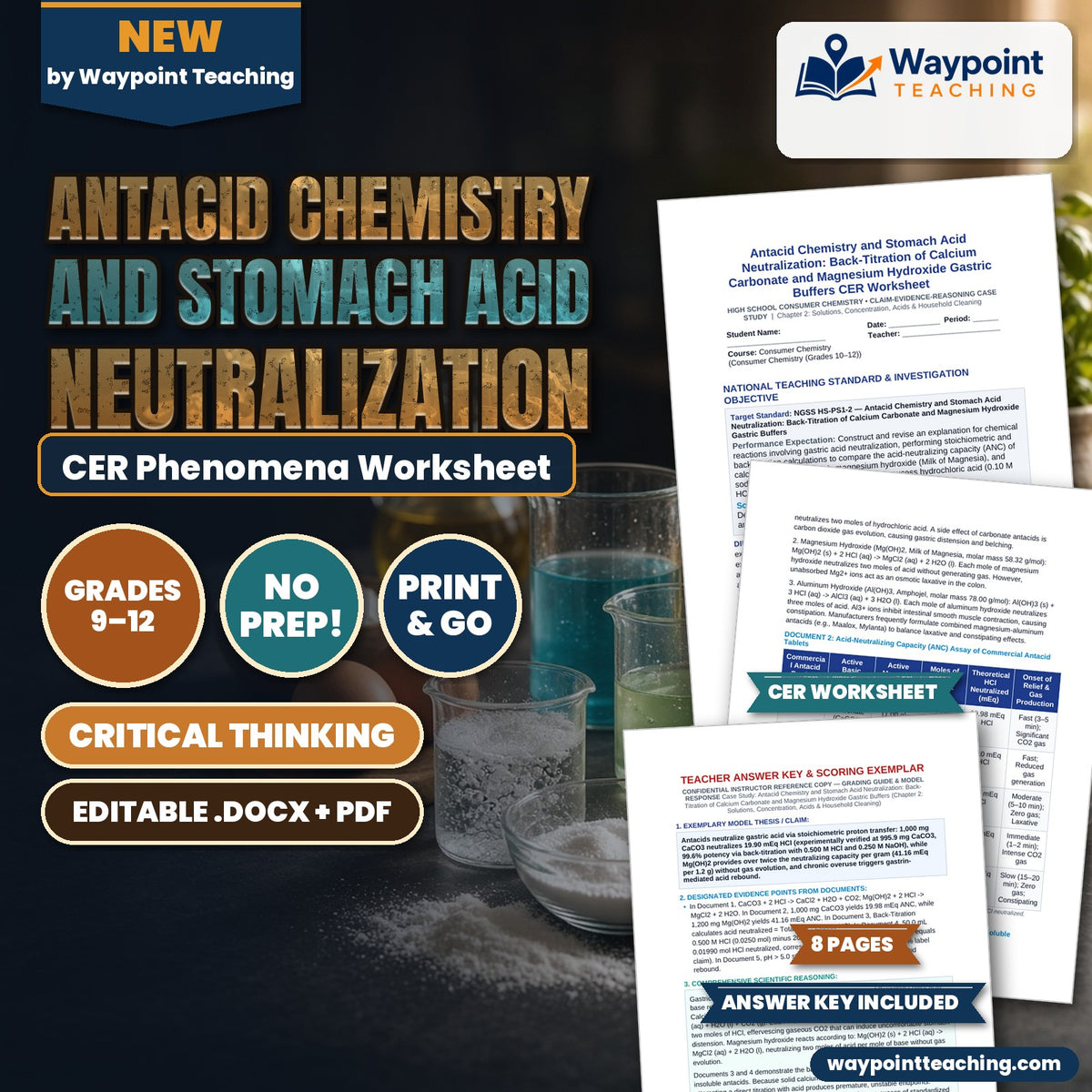 Antacid Chemistry and Stomach Acid Neutralization: Back-Titration of Calcium Carbonate and Magnesium Hydroxide Gastric Buffers CER Phenomena Worksheet cover
