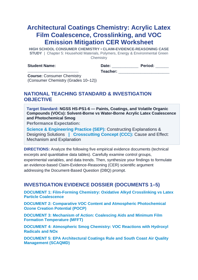 Architectural Coatings Chemistry: Acrylic Latex Film Coalescence, Crosslinking, and VOC Emission Mitigation CER Phenomena Worksheet sample page